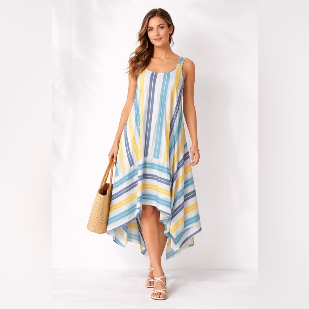 ANTHROPOLOGIE Stripe Linen Blend Midi Dress Coastal Summer Sundress Resort Boho